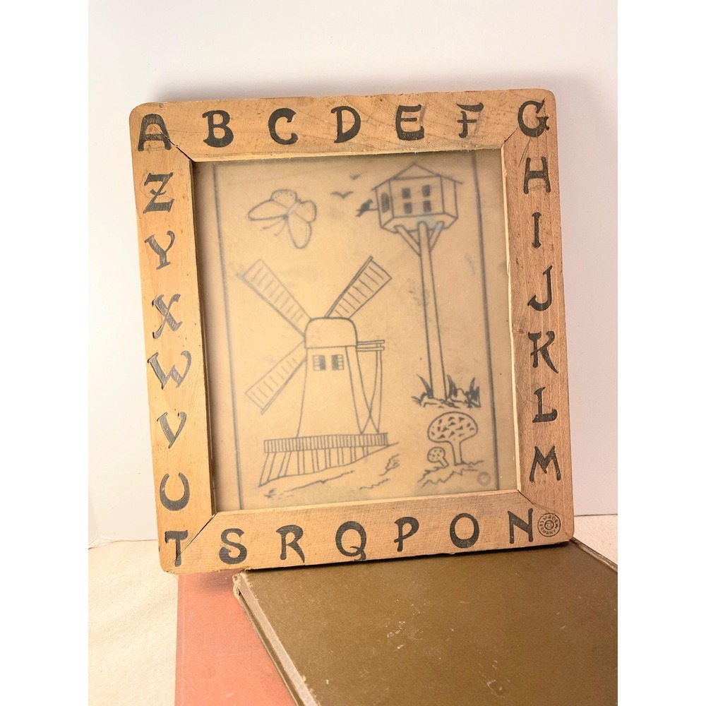 Antique German Wooden Alphabet Frame Windmill picture Made in Germany